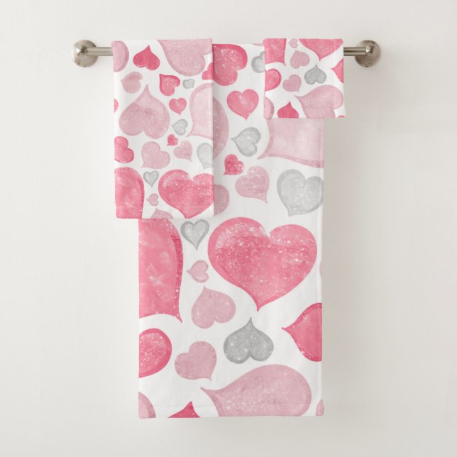 PINK & GRAY WATERCOLOR HEARTS BATH TOWEL SET (Insitu)