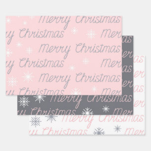 PINK GRAY WHITE HOLIDAY MERRY CHRISTMAS  WRAPPING PAPER SHEET