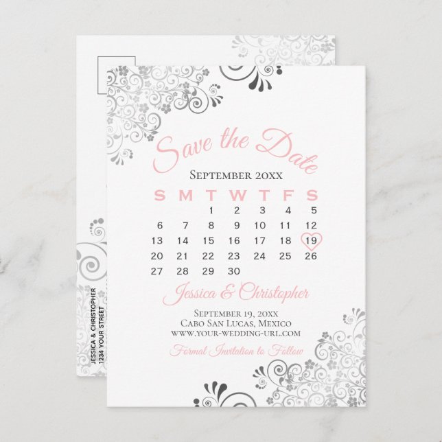Pink, Gray & White Wedding Save the Date Calendar Announcement Postcard (Front/Back)