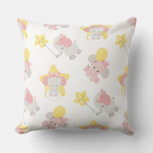 PINK GRAY YELLOW BABY ELEPHANTS MOONS STARS CUSHION