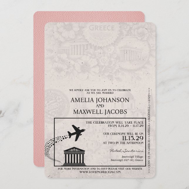 Pink Greece Passport Wedding Invitation (Front/Back)
