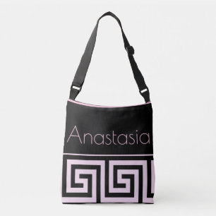 Pink Greek Key Pattern on Black Women's Crossbody Bag