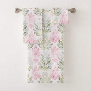 Pink Green Abstract Floral Bath Towel Set