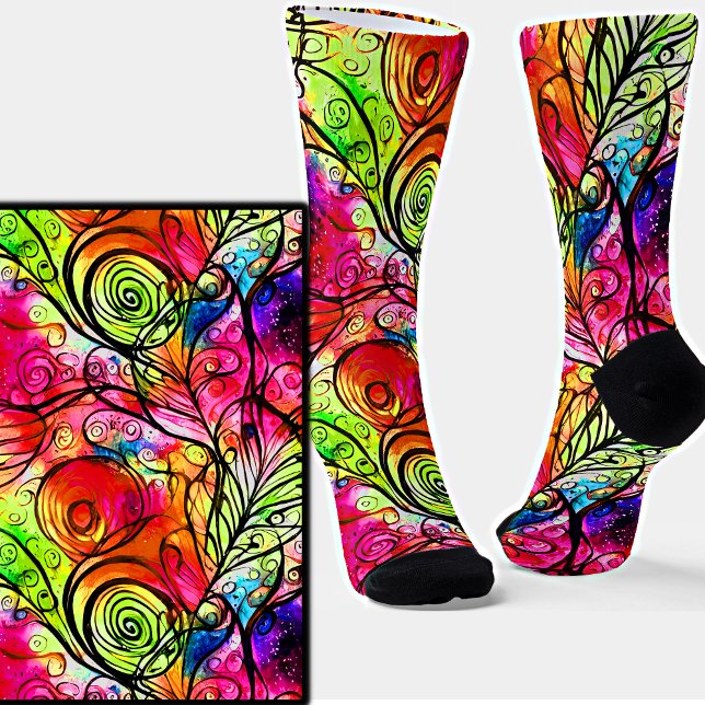 Pink Green Abstract Floral Swirls Socks (Creator Uploaded)