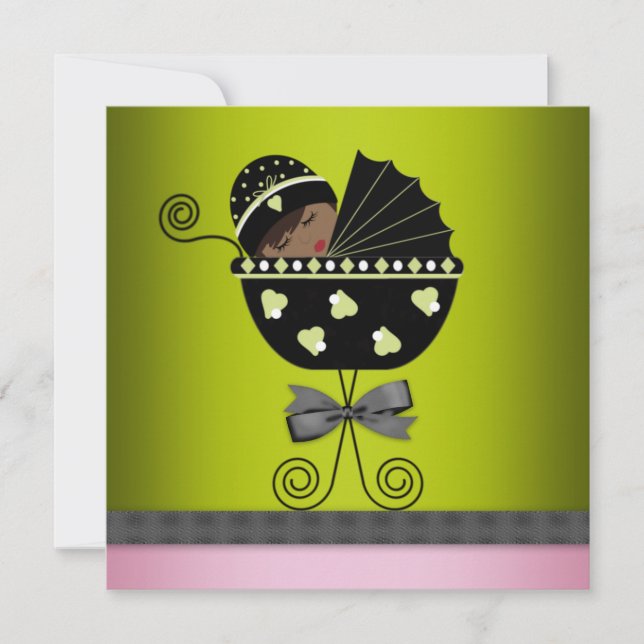 Pink Green African American Baby Girl Shower Invitation (Front)