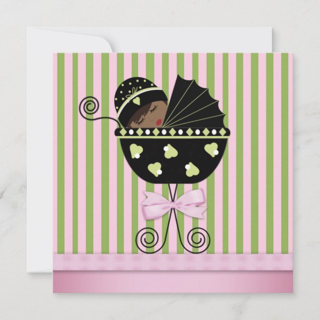 Pink Green African American Baby Girl Shower Invitation (Front)