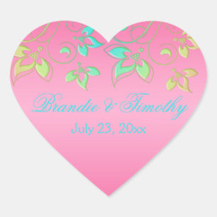 Pink, Green and Aqua Floral 1.5" Heart Sticker