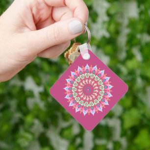 Pink, Green And Blue Flower Mandala Keychain