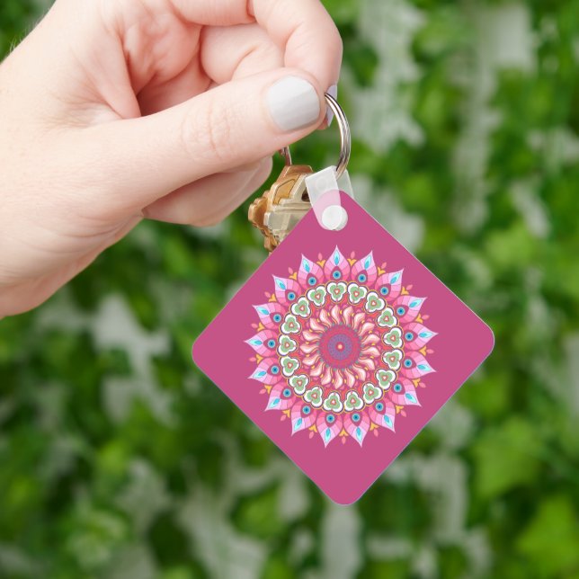 Pink, Green And Blue Flower Mandala Keychain (Hand)