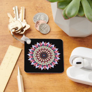 Pink, Green And Blue Flower Mandala Keychain