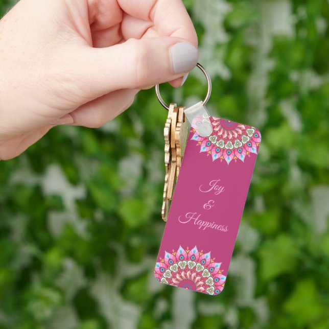 Pink, Green And Blue Flower Mandala Keychain (Hand)