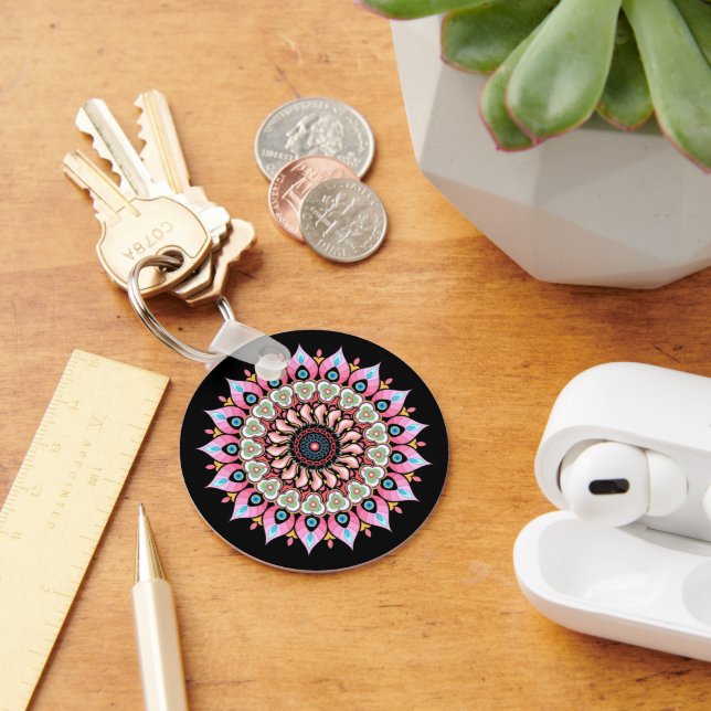 Pink, Green And Blue Flower Mandala Keychain (Desk)