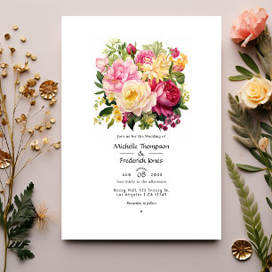Pink, Green and Gold Floral Spring Wedding Invitation