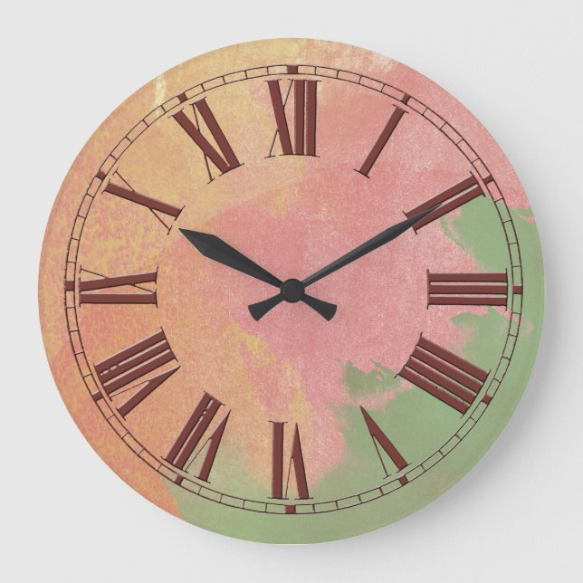 Pink Green and Gold Watercolor Effect Large Clock (Front)