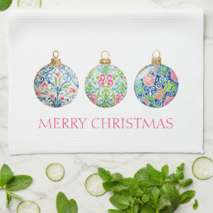 Pink Green and Navy Blue Chinoiserie Christmas Tea Towel
