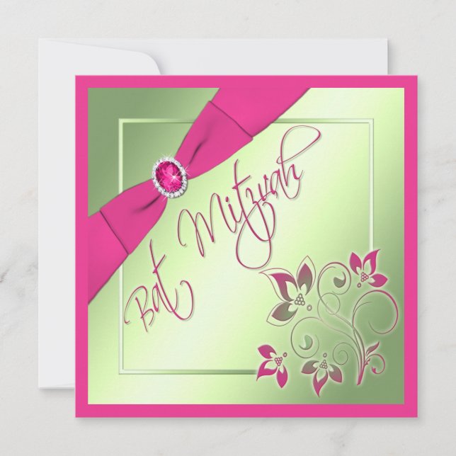 Pink, Green, and Yellow Bat Mitzvah Invitation (Front)