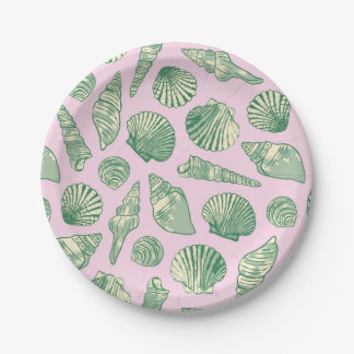 Pink, Green and Yellow Coastal Seashells Paper Plate