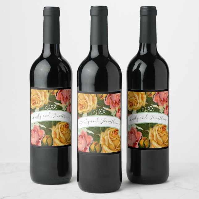 Pink Green and Yellow Floral Rose Wedding Seal Wine Label (Bottles)