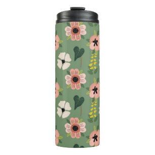 Pink Green and Yellow Flowers Leaves Thermal Tumbler