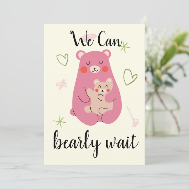 Pink green and yellow quirky bear baby shower invitation (Standing Front)