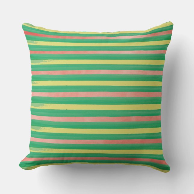 Pink, green and yellow stripe outdoor pillow (Front)