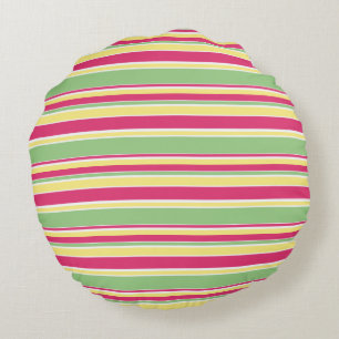 Pink, green and yellow stripes round cushion