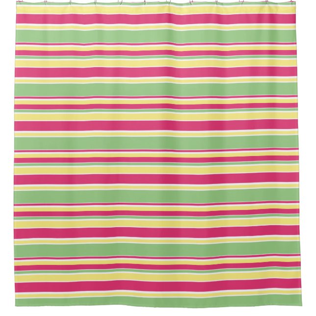 Pink, green and yellow stripes shower curtain (Front)