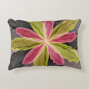 Pink Green Anthracite Fantasy Flower Fractal Art Decorative Cushion