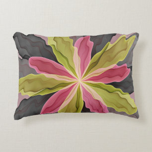 Pink Green Anthracite Fantasy Flower Fractal Art Decorative Cushion
