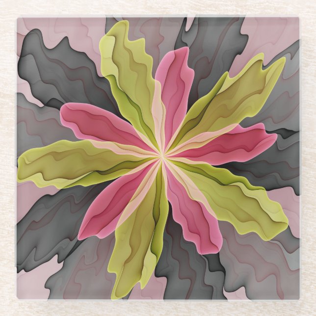 Pink Green Anthracite Fantasy Flower Fractal Art Glass Coaster (Front)