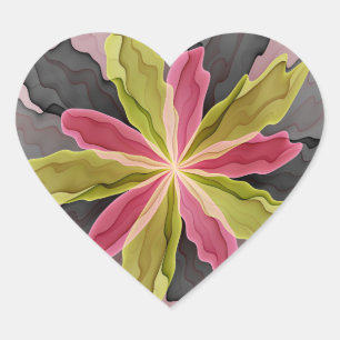 Pink Green Anthracite Fantasy Flower Fractal Art Heart Sticker