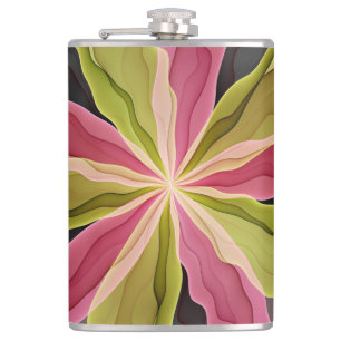 Pink Green Anthracite Fantasy Flower Fractal Art Hip Flask