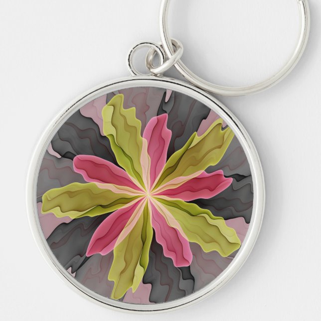 Pink Green Anthracite Fantasy Flower Fractal Art Key Ring (Front)