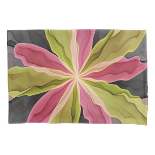 Pink Green Anthracite Fantasy Flower Fractal Art Pillowcase