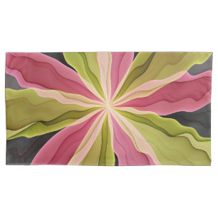 Pink Green Anthracite Fantasy Flower Fractal Art Pillowcase