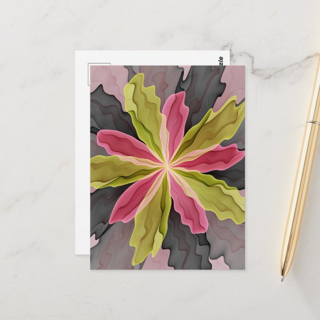 Pink Green Anthracite Fantasy Flower Fractal Art Postcard (Front/Back In Situ)