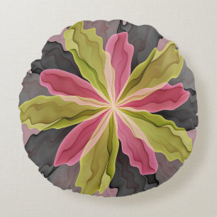 Pink Green Anthracite Fantasy Flower Fractal Art Round Cushion
