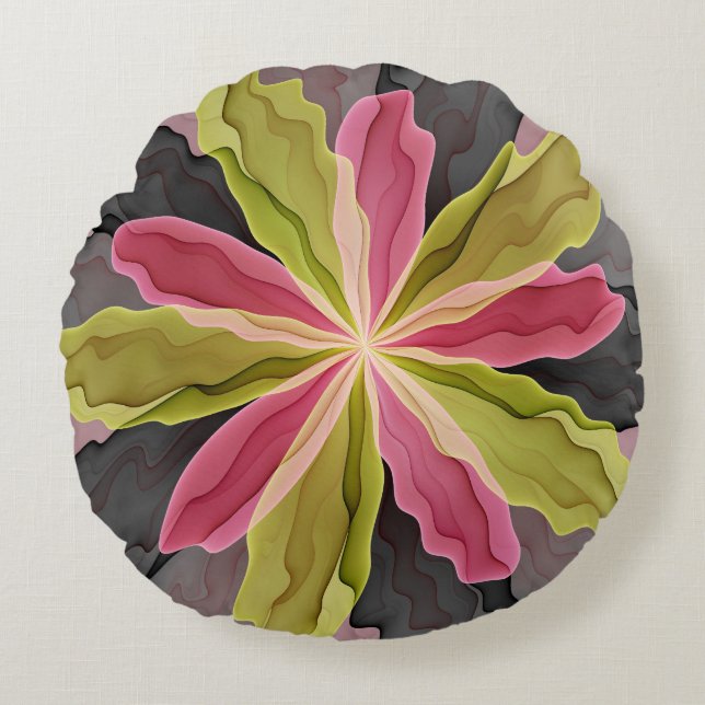 Pink Green Anthracite Fantasy Flower Fractal Art Round Cushion (Front)