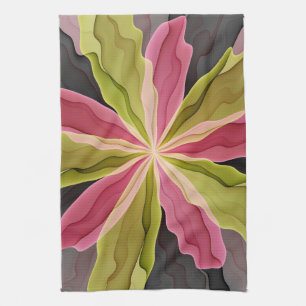 Pink Green Anthracite Fantasy Flower Fractal Art Tea Towel