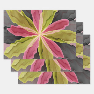 Pink Green Anthracite Fantasy Flower Fractal Art Wrapping Paper Sheet