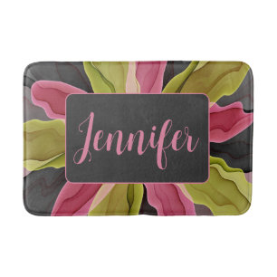 Pink Green Anthracite Fantasy Flower Fractal Name Bath Mat