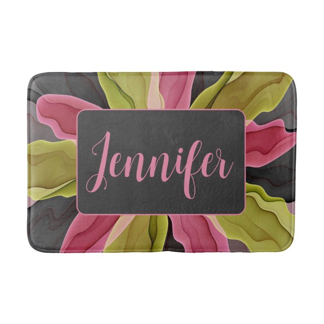 Pink Green Anthracite Fantasy Flower Fractal Name Bath Mat (Front)