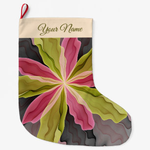 Pink Green Anthracite Fantasy Flower Fractal Name Large Christmas Stocking