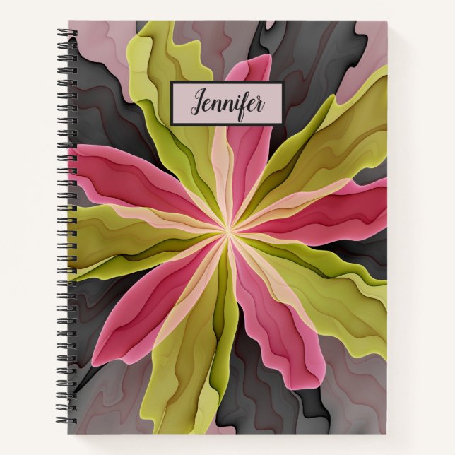 Pink Green Anthracite Fantasy Flower Fractal Name Notebook (Front)