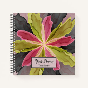 Pink Green Anthracite Fantasy Flower Fractal Name Notebook