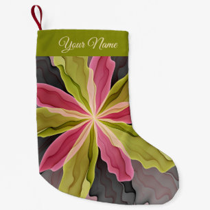 Pink Green Anthracite Fantasy Flower Fractal Name Small Christmas Stocking
