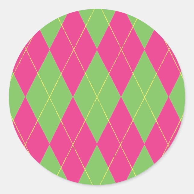 Pink & Green Argyle Classic Round Sticker (Front)