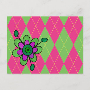 Pink & Green Argyle & Flower Postcard