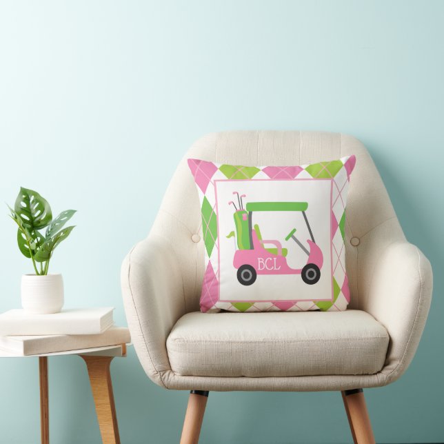 Pink & Green Argyle Golf Monogram Throw Pillow (Chair)