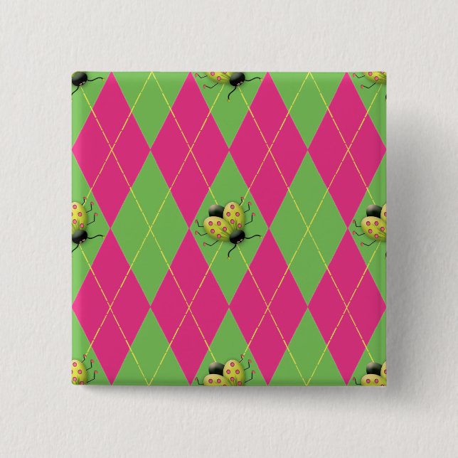 Pink & Green Argyle Ladybug 15 Cm Square Badge (Front)